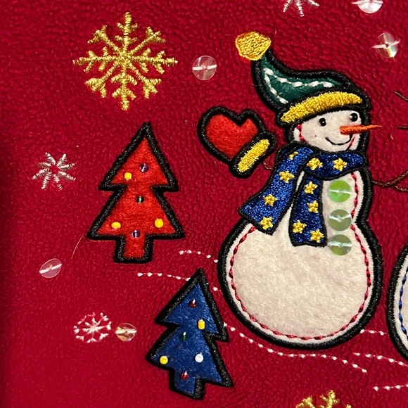 XL Vintage Embroidred Beaded Appliqué Snowmen Christmas trees Holiday Top - Picture 4 of 7